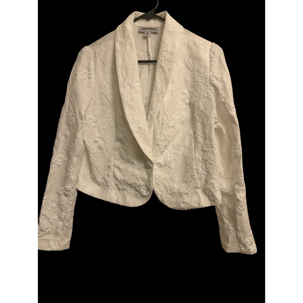 Shelby & Palmer Womens White Floral Jacquard Cropped Blazer Shawl Collar Size M